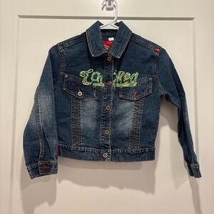 Vintage Ecko Red Girls Denim Jacket Blue Sequined Logo Trucker XS Streetwear Y2K